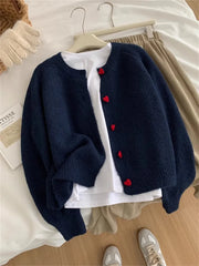 Deep Grey Wool Knitted Heart Buttoned Cardigan