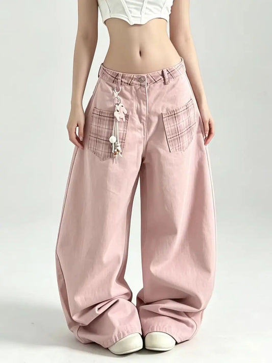 Pink Plaid Patchwork  Wide Leg Denim Jeans