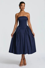 Blue Strapless Lace Up A-Line Midi Dress