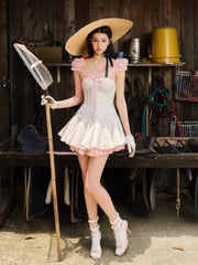 Square Collar Mesh Puff Short Sleeve Bow A-line Mini Dress