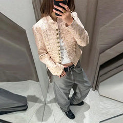 Floral Print Stand Collar Metal Button Jacket