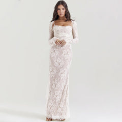 White Lace Print Long Sleeve Maxi Dress - Free From Label