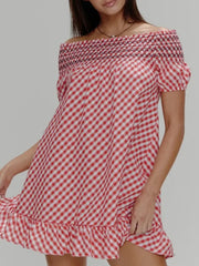 Red Plaid Slash Neck Short Sleeve Mini Dress