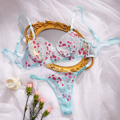 Blue Sheer Floral Lingerie Set