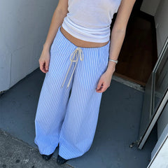Striped Pattern Loose Drawstring Wide Leg Pants