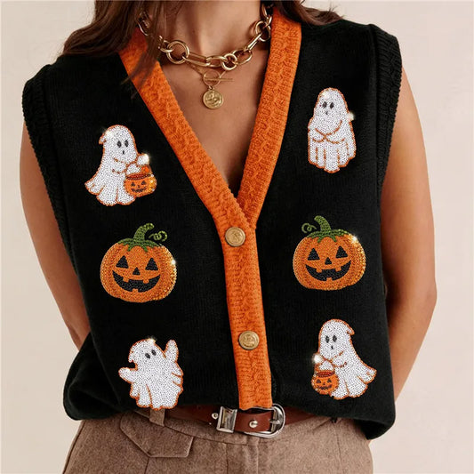 Halloween Ghost Pumpkin Patch Embroidery Knit Vest