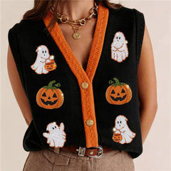 Halloween Ghost Pumpkin Patch Embroidery Knit Vest