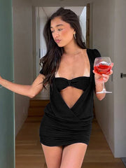 Cowl Low Neck Short Sleeve Bandeau Tie Up Mini Dress