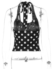 Black Polka Dot Print Backless Halter Top