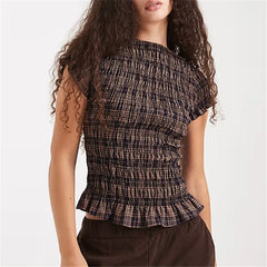 Round Neck Gingham Smocked Short Sleeve Top
