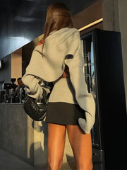 Ribbed Knit Turtleneck Cutout Shoulder  Vest Long-Sleeved Shawl 2-Piece Set Top
