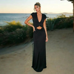 Black Twist Ruched Waist Cut Out Cap Sleeve Maxi Dress