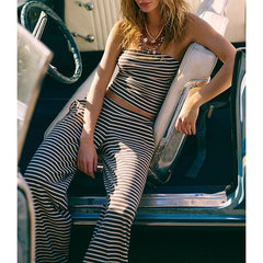 Striped Print Bandeau Tube Top And Elastic Waist Wide Leg Pants Tracksuit