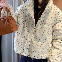 Beige Corduroy Print Parka Padded Jacket
