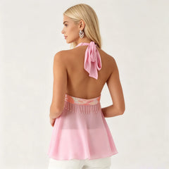 Pink Halter Neck Sequins Tassel Sheer Tank Top