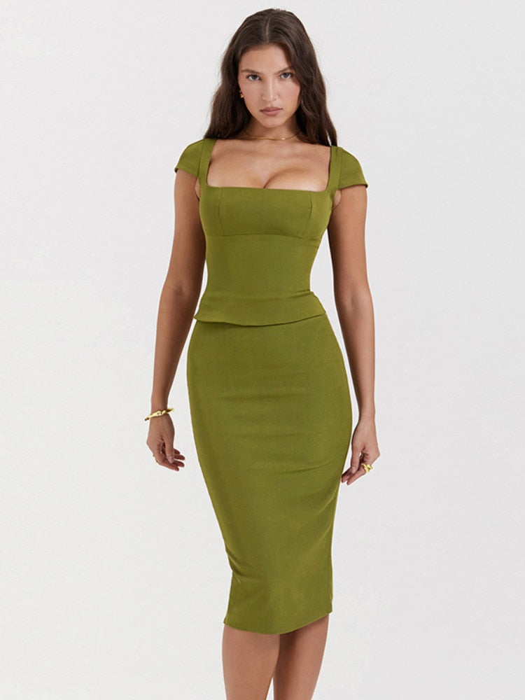 Green Square Neck Top And Bodycon Midi Skirt Two Piece Set