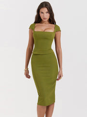 Green Square Neck Top And Bodycon Midi Skirt Two Piece Set - Free From Label