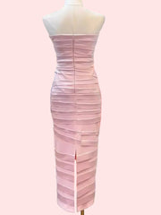 Pink Strapless Bowknot Patchwork Bodycon Midi Dress