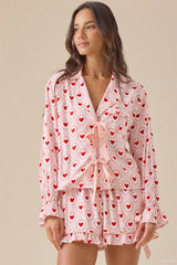 Heart Print with Bow Patterns Shirt  and Ruffled Shorts Set