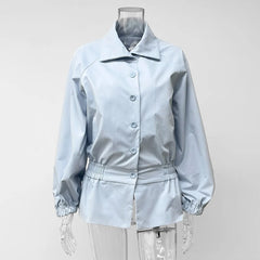 TARUXY 2026 Autumn Women's American Style Windbreaker Jacket Stand Collar Button Waist-Cinching Ruffle Slim Fashion Street Coat