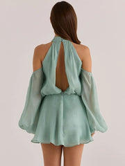 Cyan High Neck Cut Out Puff Long Sleeve Mini Dress