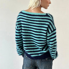 Striped Fuzzy Knit Off Shoulder Boat Neck Sweater