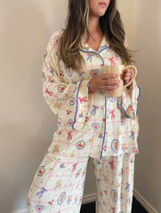 Fruit Print Long Sleeve Shirt with Long Pants Loungewear Set
