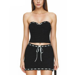 Hand Crochet Bow Lacing up Top Bandage Waist Black Mini Skirt Set