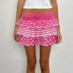 Pink Polka Dot Print Tiered Drawstring Mini Skirt