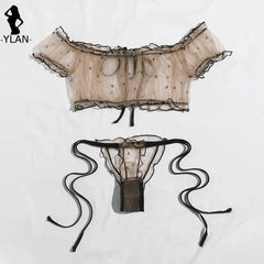 Brown Mesh Off-Shoulder Tie-Up Lingerie Set - Free From Label