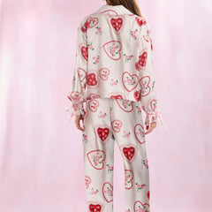Heart Print Satin Long Sleeve Button Shirts And Pants Pajama Set