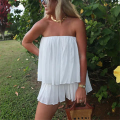 White Pleated Tube Top And Shorts Set