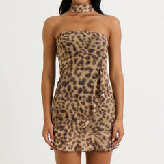 Leopard Print Strapless Mini Dress with Scarf