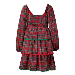 Red Plaid Tiered Long Puff Sleeve Smocked Mini Dress
