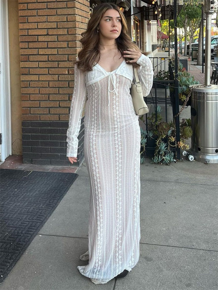 White Lace Mesh Layered Long Sleeve Maxi Dress