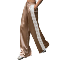 Satin Lace Trim Elastic Waist Wide Leg Pants