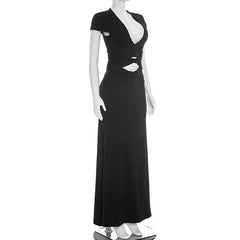 Black Twist Ruched Waist Cut Out Cap Sleeve Maxi Dress