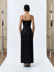 Black Sequin Strappy Bustier Maxi Dress