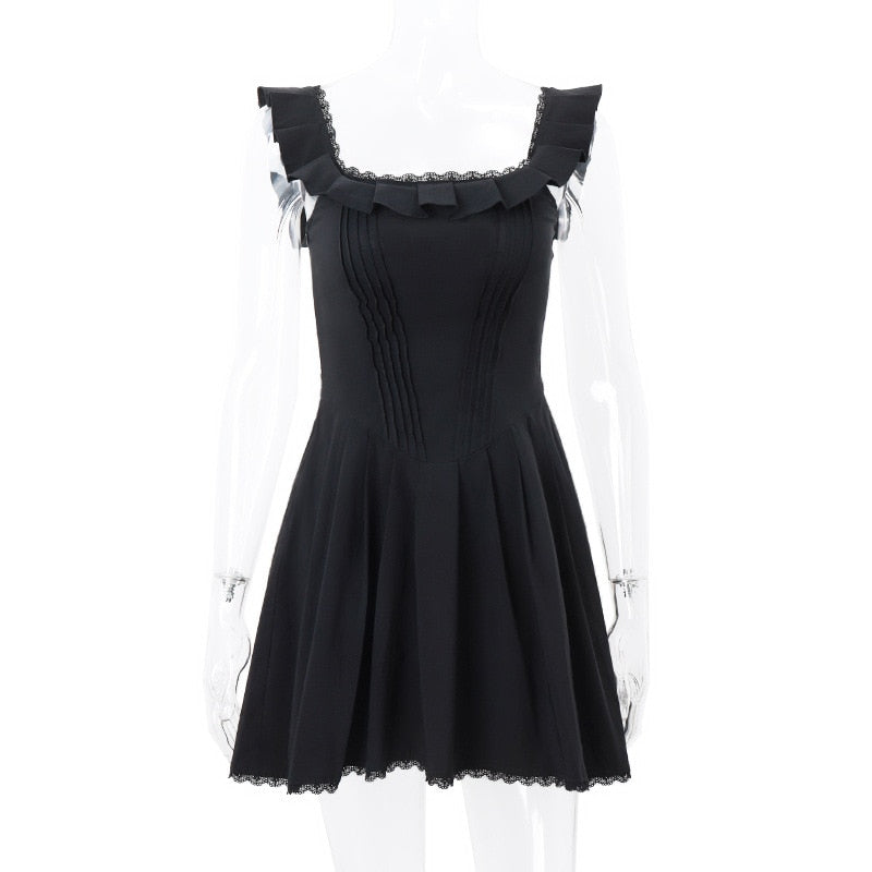 Black Corset Square Neck Frill Strap Mini Dress