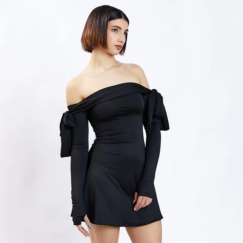 Black Off-shoulder Bow Long Sleeve Mini Dress – Free From Label