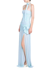 Blue Ruched Halter Draped Bow Maxi Dress