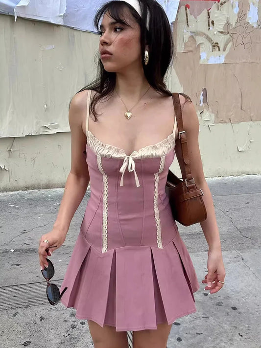 Pink Lace Strappy Mini Dress