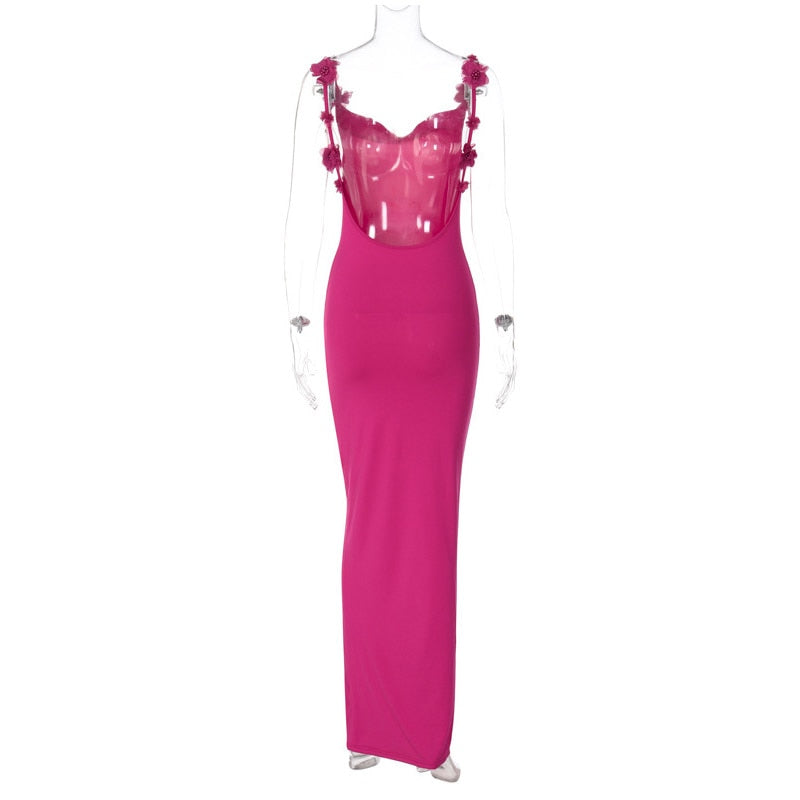 Pink Flower Strap Maxi Dress