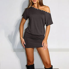Button Applique Diagonal Collar Short Sleeve T-shirt Dress
