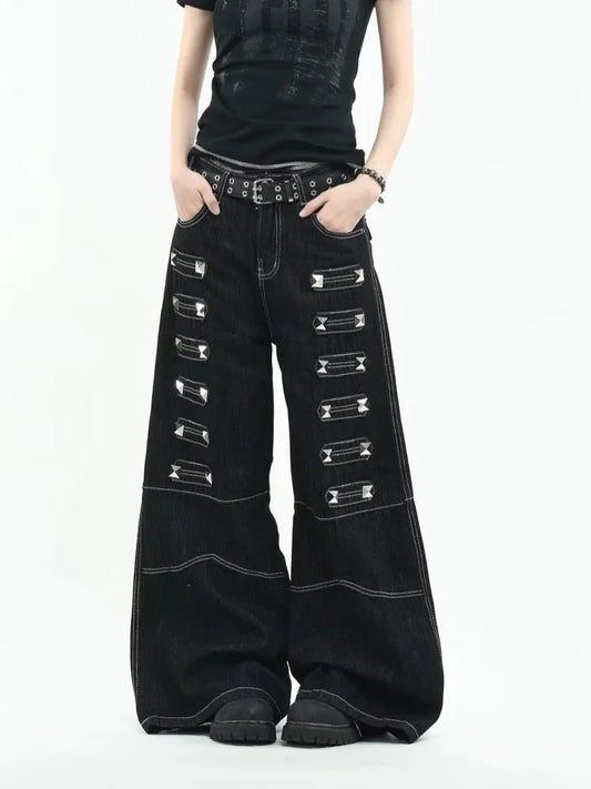 Black Rivet Metal Buckle Embellishment Wide Leg Jeans