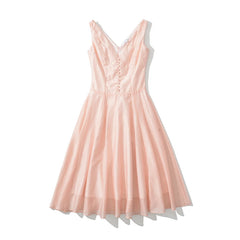 Pink Sleeveless V Neck A-line Midi Dress