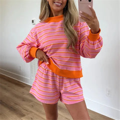 Striped Contrast Color Long Sleeve Sweatshirt And Shorts Set