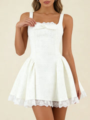 White Tweed Sparkle Bow Flare Mini Dress