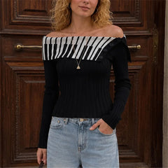 Off-Shoulder Piano Key Print Knit Top