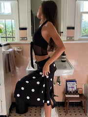 Black Halter Mesh Top And Polka Dot Midi Skirt Set